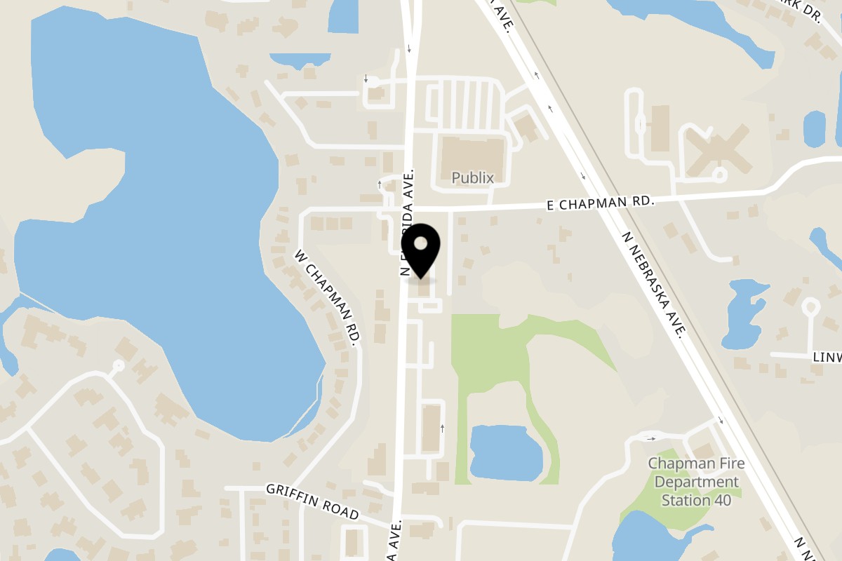 Map showing the location of Birkin's Steakhouse and Sushi Bar on 16411 N Florida Ave in Lutz